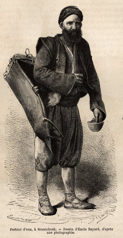 Um transportador de água, um comerciante itinerante posando com o seu equipamento, uma espécie de caixa de tanque e um recipiente usa como medida e copo, em Roustchouk (Roménia), gravando após o desenho de Emile Bayard, ilustrando a viagem à Bulgária, por  de Emile Antoine Bayard