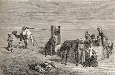 Um poço no deserto entre Samarkand e Karshi, Uzbequistão, ilustração de "O mundo nas mãos", gravado por Charles Laplante (d.1903), publicado em 1878 de Emile Antoine Bayard