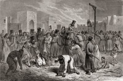 Adúlteros sendo apedrejados e pendurados na Turquia, ilustração de "O mundo nas mãos", gravada por Huyot, publicada em 1878 de Emile Antoine Bayard