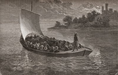 Arminio Vambery e seus companheiros navegando pelo mar Cáspio em 1863, ilustração de "O mundo nas mãos", gravada por Gauchard, publicada em 1878 de Emile Antoine Bayard