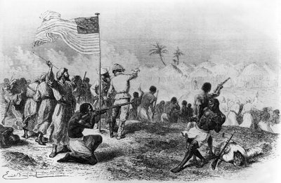Ataque de Zimbiso em busca de Livingstone 1871-1872 (desenho) de Emile Antoine Bayard
