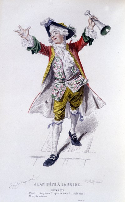 , Obra completa de Beaumarchais (1732-1799) de Edouard Fournier. Desenho de Emile Bayard. Ed. Laplace, Sanchez et Cie, Paris 1876. Este é Jean Beast em "Jean Beast at the Fair". de Emile Antoine Bayard