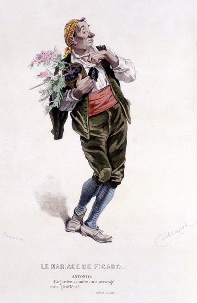 Obra completa de Beaumarchais (1732-1799) de Edouard Fournier. Desenho de Emile Bayard. Ed. Laplace, Sanchez et Cie, Paris 1876. Este é Antonio em "O Casamento de Figaro". de Emile Antoine Bayard