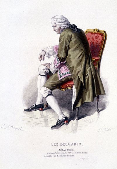 Obra completa de Beaumarchais (1732-1799) de Edouard Fournier. Desenho de Emile Bayard. Ed. Laplace, Sanchez et Cie, Paris 1876. Este é o Pai Melac em "Os Dois Amigos". de Emile Antoine Bayard