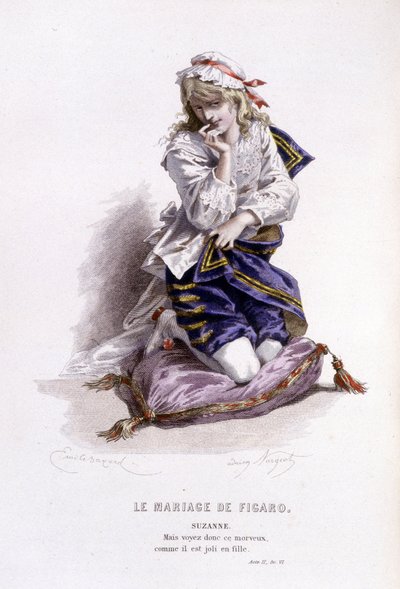 Obra completa de Beaumarchais (1732-1799) de Edouard Fournier. Desenho de Emile Bayard. Ed. Laplace, Sanchez et Cie, Paris 1876. Esta é Suzanne em "The Wedding of Figaro" (O Casamento de Figaro) de Emile Antoine Bayard