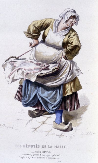 Obra completa de Beaumarchais (1732-1799) de Edouard Fournier. Desenho de Emile Bayard. Ed. Laplace, Sanchez et Cie, Paris 1876. Esta é Madre Chaplu em "The Deputies of the Hall" (Os Deputados do Salão). de Emile Antoine Bayard