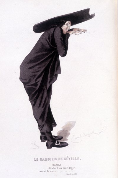 Obra completa de Beaumarchais (1732-1799) de Edouard Fournier. Desenho de Emile Bayard. Ed. Laplace, Sanchez et Cie, Paris 1876. Este é Bazile em "The Barber of Seville" (O Barbeiro de Sevilha). de Emile Antoine Bayard