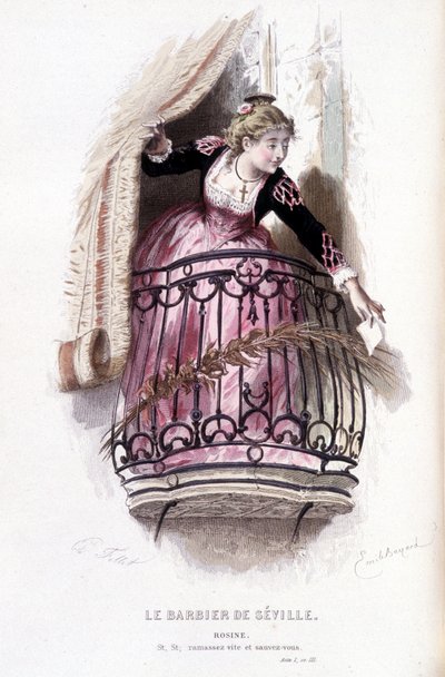 Obra completa de Beaumarchais (1732-1799) de Edouard Fournier. Desenho de Emile Bayard. Ed. Laplace, Sanchez et Cie, Paris 1876. Esta é Rosine em "O Barbeiro de Sevilha". de Emile Antoine Bayard