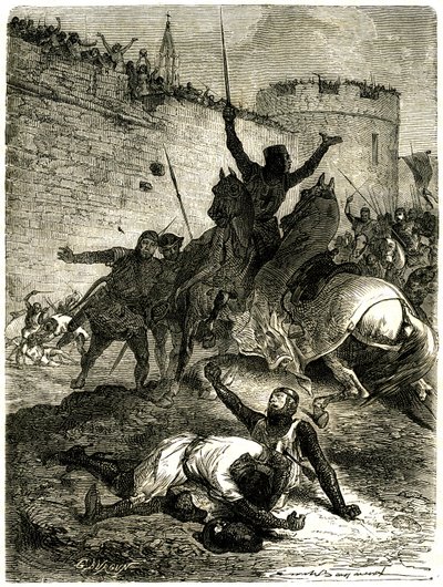 Cruzada contra os Albigeois - Cerco de Toulouse, 25 de Junho de 1218. O irmão de Simon de Montfort acaba de ser ferido por uma flecha, o próprio Simon de Montfort vai ser morto por uma bola de catapulta, diz-se, por uma das mulheres de Toulouse que é de Emile Antoine Bayard