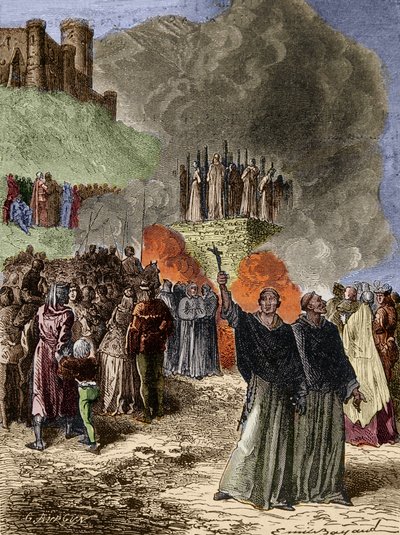 Cruzada contra os Albigeois - Os últimos defensores de Montsegur (Cathare) queimados no talho em 1244 - Gravação de Emile Bayard depois de G. Burgun de Emile Antoine Bayard