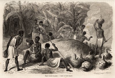 Degustação do pombo (bebida alcoólica por fermentação), no Karague (a oeste do Lago Vitória, no Zimbabué actual), desenho de Emile Bayard (1837-1891), ilustrando a viagem de descoberta do Capitão Speke em África de 1860 a 1863. Gravura em de Emile Antoine Bayard