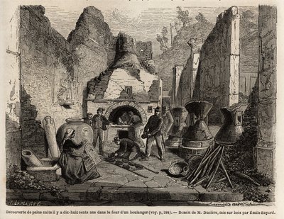 Descoberto por um forno de padaria e pão conservado em cinza durante as escavações de 1864 em Pompéia, desenho de Emile Bayard (1837-1891), para ilustrar o texto de Marc Monnier (1829-1885) "Pompéia e os Pompeianos". Gravura em "Le tour du monde", editado  de Emile Antoine Bayard