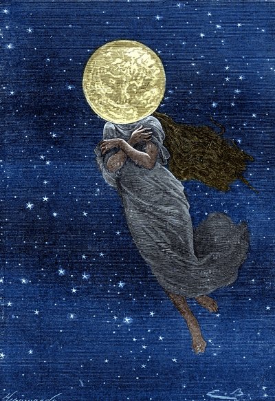 Gravura (de Emile Bayard) do livro "Around the Moon" de Jules Verne (edição Hetzel/Voyages extraordinaire 1870): Descrição da lua desenhada com o corpo de uma jovem mulher (texto de J. Verne): "... superfície recheada, rachada, um verdadeiro escumador, dig de Emile Antoine Bayard