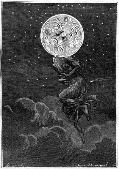 Gravura (por Emile Bayard) do livro Around the Moon (Hetzel edition/Voyages extraordinaire 1870) de Jules Verne: "A Lua personificada com o corpo de uma jovem mulher... sofrendo de uma cólica! “ de Emile Antoine Bayard