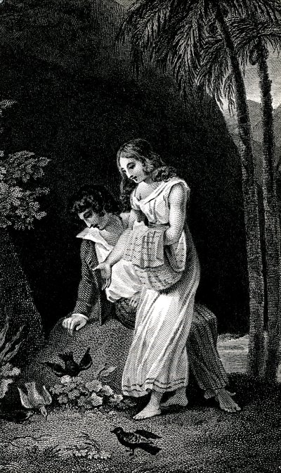 Gravura que ilustra uma edição do romance de Jacques-Henri Bernardin de Saint Pierre (Jacques Henri Bernardin de Saint-Pierre), do final do século XIX: Paul et Virginie. As aves chegam à terra sem medo perto do jovem casal de amantes na floresta. Desenho b de Emile Antoine Bayard