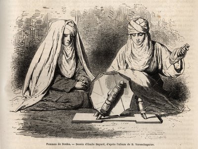 Femmes de Boukhara (Uzbequistão), trabalhando em seu trabalho de fiação, gravando depois de um desenho de Emile Bayard, para ilustrar a viagem de Basile Vereschaguine à Ásia Central em 1867-1868, publicado em "Le tour du monde" 1873, editado por Edouard Ch de Emile Antoine Bayard