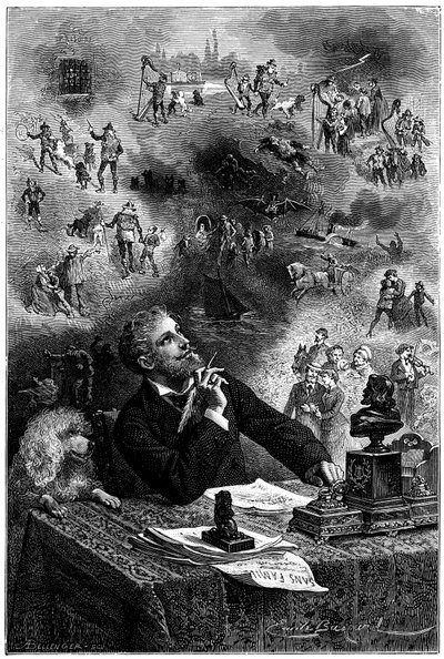 Frontispice de Emile Bayard para a edição Hetzel 1880 do romance "Sans Famille" de Hector Malot: O escritor à sua mesa de trabalho imagina os seus personagens e a trama do seu livro - Remi e os membros da trupe de Monsieur Vitalis, artista itinerante de Emile Antoine Bayard