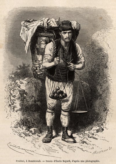 Fruitier, um comerciante itinerante de frutas frescas, com seu capuz de transporte e balança portátil nas costas, em Roustchouk (Romênia), gravando após o desenho de Emile Bayard, ilustrando a viagem à Bulgária, de Guillaume Lejean, em 1867, publicado em " de Emile Antoine Bayard