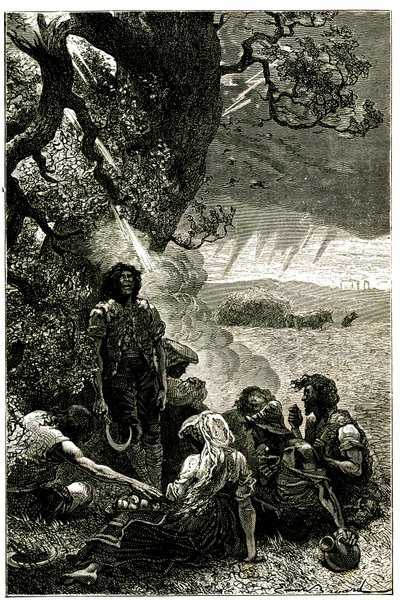 Grupo de ceifeiros atingido por um raio enquanto se abrigava debaixo de uma árvore durante uma tempestade de Emile Antoine Bayard