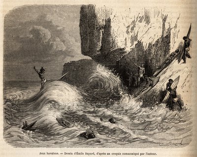 Hawaiian Games, no precipício de Mokapuu, na ilha de Oahu, os habitantes se distraíram praticando seu jogo favorito: o surf, gravando depois do desenho de Emile Bayard, ilustrando a viagem às Ilhas Sandwich, em 1855-1869, por de Emile Antoine Bayard