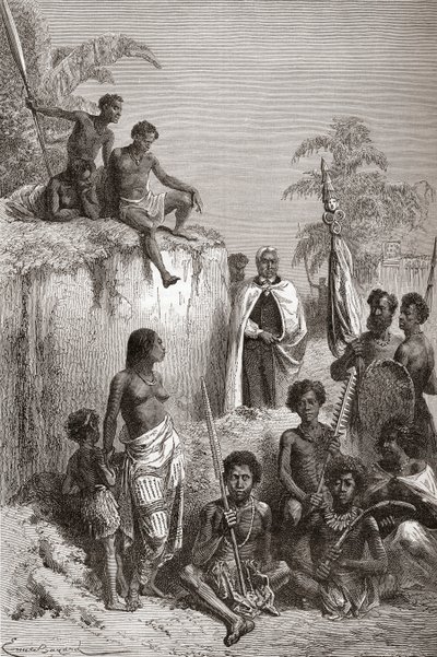 O rei havaiano Kamehameha I e seus guerreiros, ilustração de "O mundo nas mãos", publicado em 1878 (gravura) de Emile Antoine Bayard