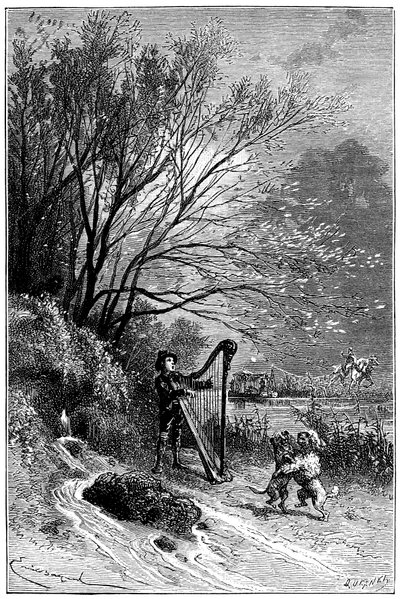 Ilustração de Emile Bayard para o romance "Sans Famille", de Hector Malot: Remi canta com a harpa enquanto seus amigos dançam, os animais cultos da trupe de Monsieur Vitalis, artista itinerante - os dois cães Capi e Dolce - músico de rua, saltibank de Emile Antoine Bayard