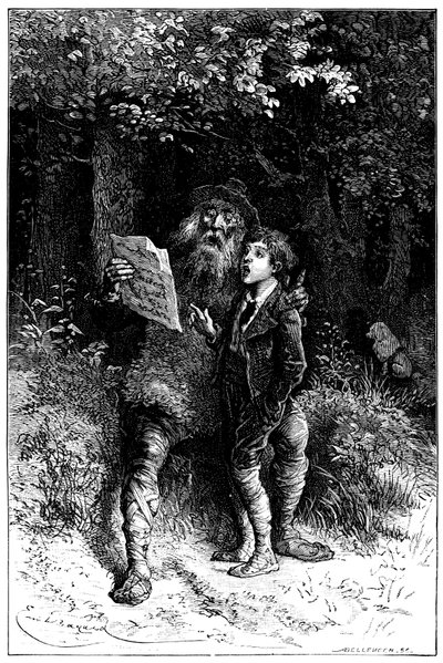 Ilustração de Emile Bayard para o romance de Hector Malot "Sans Famille": Remi canta com Monsieur Vitalis, artista itinerante - músico de rua, saltimbanco - Edição Hetzel 1880 - de Emile Antoine Bayard