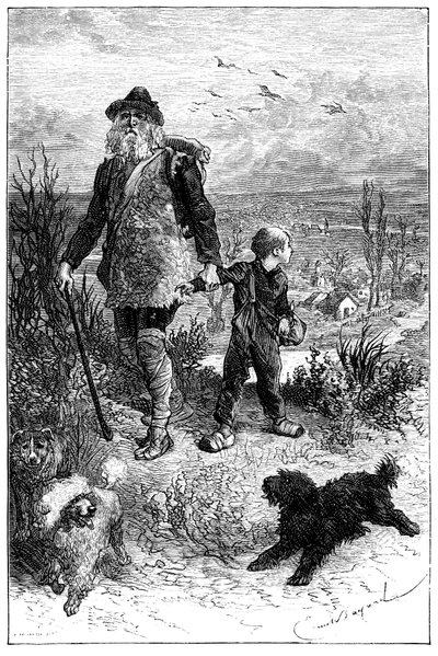 Ilustração de Emile Bayard para o romance de Hector Malot "Sem Família": Remi parte com Monsieur Vitalis, artista itinerante e os seus animais eruditos os três cães Capi, Zerbino e Dolce - Edição Hetzel 1880 - de Emile Antoine Bayard