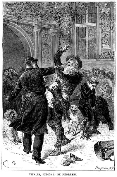 Ilustração de Emile Bayard para o romance "Sans Famille" de Hector Malot: em Toulouse, Monsieur Vitalis, indigno, é preso por um policial na frente de Remi e seus amigos, os animais cultos da trupe: Joli-Coeur (coração bonito), o macaco e de Emile Antoine Bayard