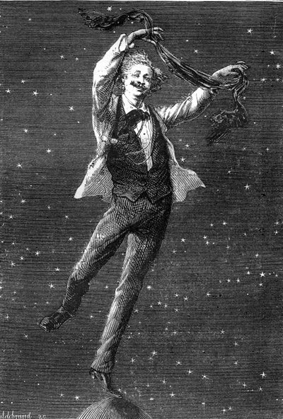 Ilustração do romance de Júlio Verne "Around the Moon", desenho de Emile Bayard, edição Hetzel/Voyages extraordinaire 1870. Esta ilustração destaca a relação de inspiração entre os dois romances "lunar" de Júlio Verne e os dois álbuns de T de Emile Antoine Bayard