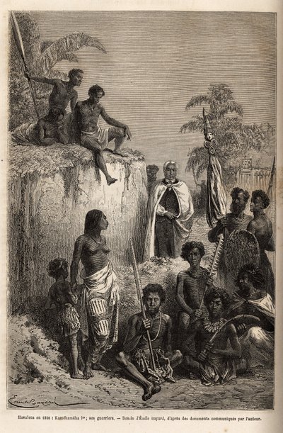 Kamehameha I (ca. 1758-1819), rei das Ilhas Havaianas e fundador da sua unidade, cercou guerreiros havaianos e alguns súditos em Honolulu, gravando após o desenho de Emile Bayard, ilustrando a viagem às Ilhas Sandwich, em 1855-69, por C de Emile Antoine Bayard