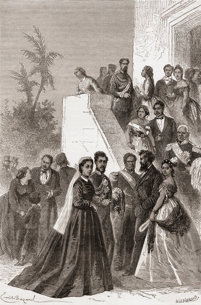 Kamehameha V, centro, com sua família, ilustração de "O mundo nas mãos", gravado por Henri Theophile Hildibrand (1824-97), publicado em 1878 de Emile Antoine Bayard