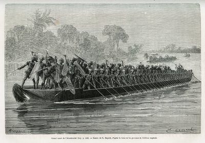 Grande canoa do Arouhouimi, carregada de 40 remadores de pé e vinte guerreiros em armas, no rio Livingstone (Congo), desenhada por Emile Bayard, para ilustrar a história "Through the Mysterious Continent", viagem feita entre 1874-1877, por Sir H.M. de Emile Antoine Bayard