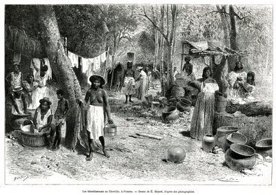 Les blanchisseuses au Chorillo, Panamá, gravado após um desenho de E.Bayard, para ilustrar a história Exploration at the isthms of Panama and Darien, de A. Reclus, tenente de navio, de 1876 a 1878, publicado no tour du monde, sob a direção de Emile Antoine Bayard