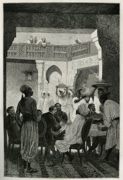 Almoço no ministro da guerra, cocar de um turbante, de frente para o autor da história, chegando pela corte, uma fila de criados carregando os pratos da refeição, gravada por Emile Bayard, para ilustrar a história de Marrocos por Edmondo de Amicis, em 1875 de Emile Antoine Bayard