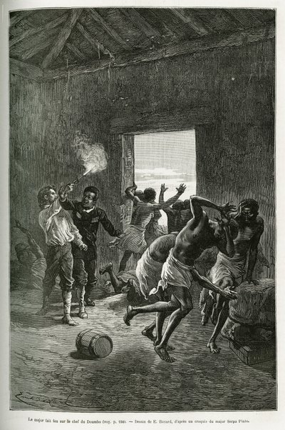 O Major Serpa Pinto disparou contra o chefe da aldeia ou parou porque exigiu ainda mais brandy em troca da sua hospitalidade. Gravura de Emile Bayard, para ilustrar a história de como eu atravessei a África, do Oceano Atlântico ao Índico, por Majo de Emile Antoine Bayard