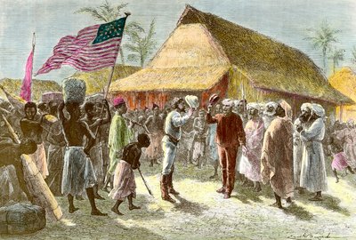 Encontro em Ujiji, nas margens do Lago Tanganica, entre Henry Morton, um explorador e jornalista galês (1841-1904) e David Livingstone, um explorador missionário escocês do continente africano (1813-1873), em 10 de novembro de Emile Antoine Bayard