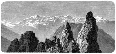 Cume da montanha chamado Pierre a Voir perto dos banhos da Saxônia no Valais, nos Alpes suíços. Ilustração de Emile Bayard para o livro "Les Montagnes" de Albert Dupaigne, edição Mame 1881. de Emile Antoine Bayard