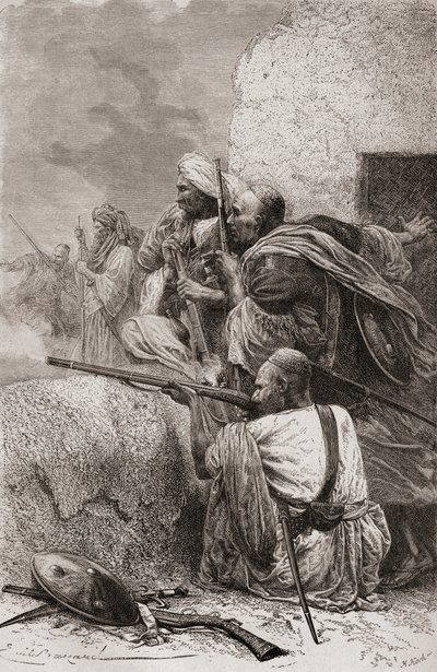 Rebeldes do norte do Afeganistão combatem os britânicos nas montanhas de Hazara, no Paquistão, durante o domínio britânico, em 1878 de Emile Antoine Bayard