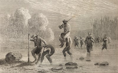 Paul Marcoy e sua expedição foram transportados através de um pântano na Argentina por índios Chuncho em 1874, ilustração de "The World in the Hands", publicada em 1878 de Emile Antoine Bayard