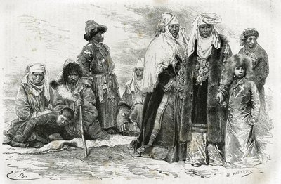 Mulheres quirguizes pobres e ricas. Gravura de Emile Bayard, para ilustrar impressões de viagem de Orenburg a Samarkand, de Marie de Ujfalvy-Bourdon, entre 1876 e 1878, no Tour du monde, dirigido por Edouard Charton de Emile Antoine Bayard