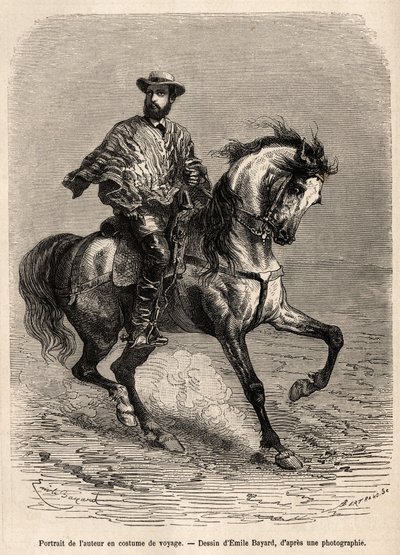 Retrato do autor, em sua montagem, vestindo seu traje de viagem, gravado após um desenho de Emile Bayard ilustrando a história no deserto de Acatama e Caracoles (América do Sul), do engenheiro A. Bresson, em 1870-1874, publicado em "Le tour du monde de Emile Antoine Bayard