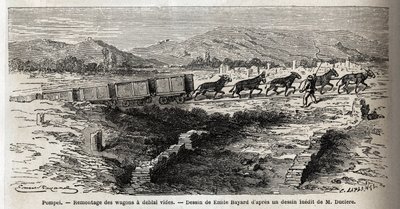Remontagem de vagões vazios durante as escavações de 1864 em Pompéia, desenho de Emile Bayard (1837-1891), para ilustrar o texto de Marc Monnier (1829-1885) "Pompéia e os Pompeianos". Gravura em "Le tour du monde", editado por Edouard Charton de Emile Antoine Bayard