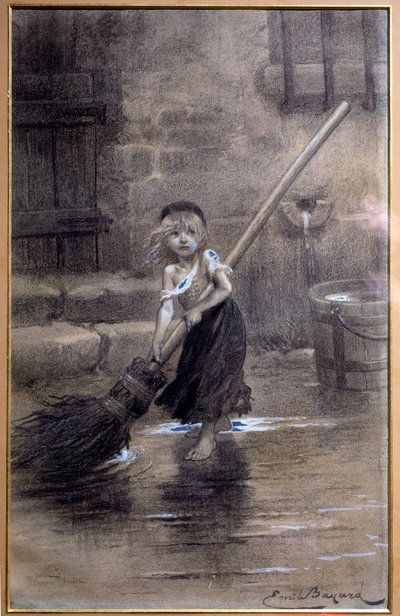 Representação da Cosette, a varrer descalça. Ilustração de "Os Miseráveis" de Victor Hugo (1802-1885) de Emile Bayard (1837-1891) do século XIX. Paris, Maison Victor Hugo de Emile Antoine Bayard