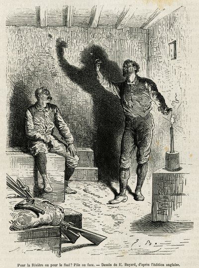 Sir Henri Morton Stanley (1841-1904) e Franck Pock, seu companheiro de exploração, decretam uma pilha ou face do itinerário da sua viagem, desenhada por Emile Bayard, para ilustrar a história "Through the Mysterious Continent" (África Equatorial), uma viag de Emile Antoine Bayard