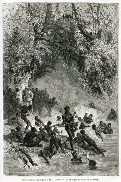 Sir Henri Morton Stanley (1841-1904) no meio dos banhistas da região de Karagoue (Camarões), que mergulham na bacia de água quente e médica do desfiladeiro Mtagata, desenhada por Emile Bayard, para ilustrar a história "Through the Mysterious Continent", um de Emile Antoine Bayard