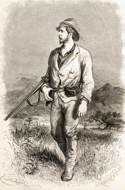 Sir Henry Morton Stanley, ilustração de &39;O mundo nas mãos&39;, gravado por J. Robert, publicado em 1878 de Emile Antoine Bayard