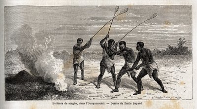 Tambores de sorgo, na região dos Grandes Lagos, África, desenho de Emile Bayard (1837-1891), ilustrando a viagem de descoberta do Capitão Speke na África de 1860 a 1863. Gravura em "Le tour du monde", editado por Edouard Charton de Emile Antoine Bayard