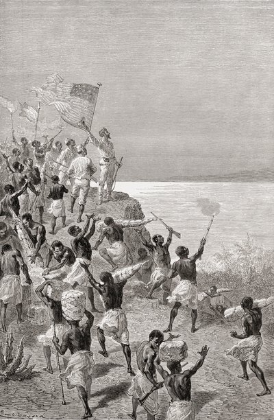 Stanley e sua primeira observação de Tanganica, na África Oriental, em 1872, ilustração de "O mundo nas mãos", publicada em 1878 de Emile Antoine Bayard