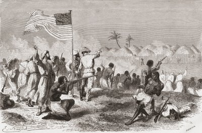 O ataque de Stanley a Zimbizo durante sua expedição em 1871, ilustração de "O mundo nas mãos", gravada por Henri Theophile Hildibrand (1824-97), publicada em 1878 de Emile Antoine Bayard